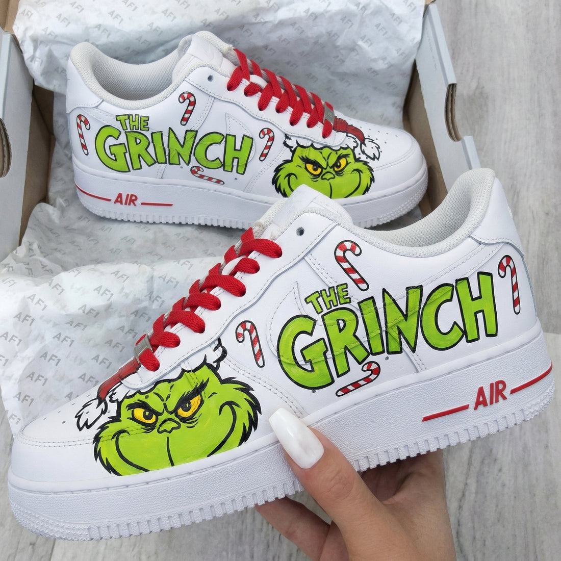 Custom AF 1s Shoes The Grinch Candy Canes Green Red