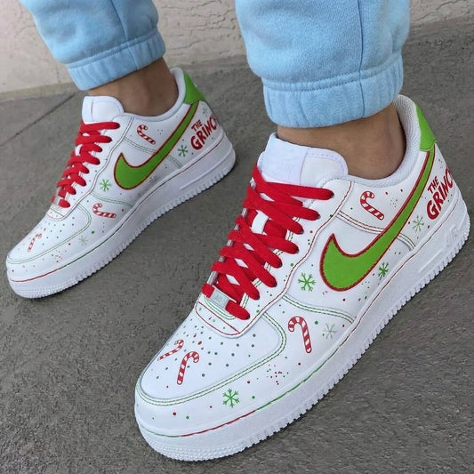 Custom AF 1s Shoes The Grinch Candy Canes Snowflakes Red Green