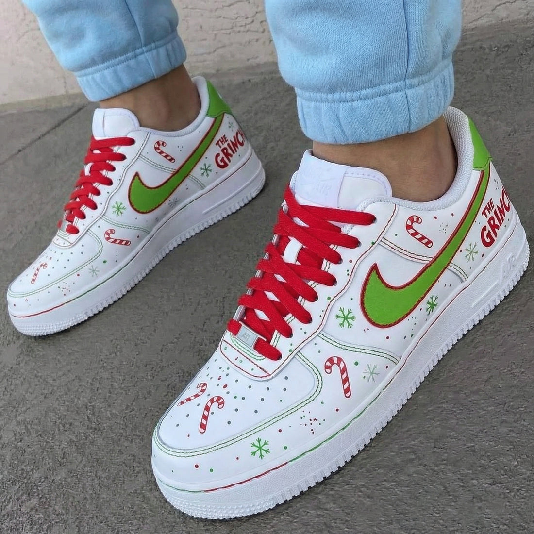 Custom AF 1s Shoes The Grinch Candy Canes Snowflakes Red Green