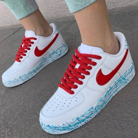 Custom AF 1s Shoes Thick Shoelaces Red Swoosh Blue Graffiti Lines