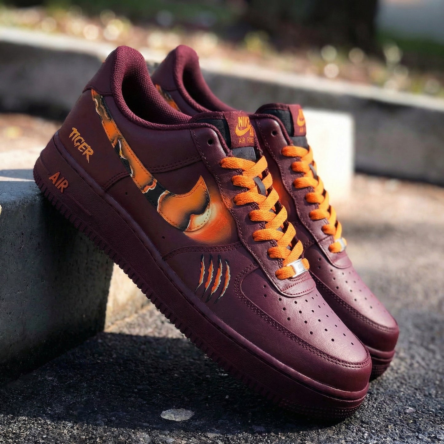 Custom AF 1s Shoes Tiger Pattern Maroon Orange