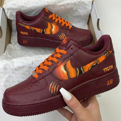 Custom AF 1s Shoes Tiger Pattern Maroon Orange