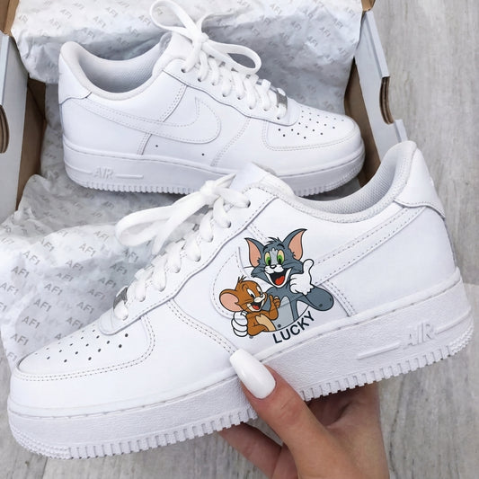Custom AF 1s Shoes Tom And Jerry Cartoon Gray And Brown