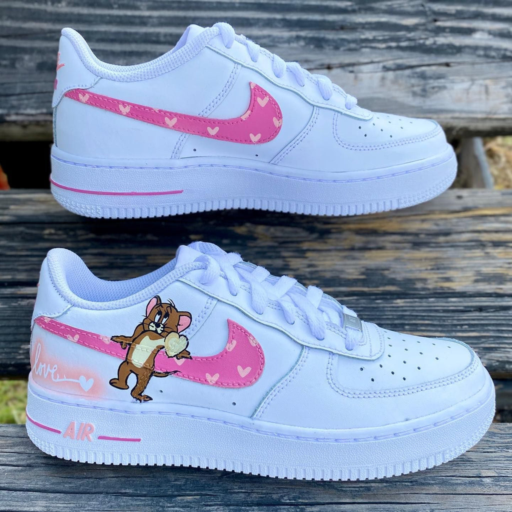 Custom AF 1s Shoes Tom And Jerry Theme Heart Pattern Pink