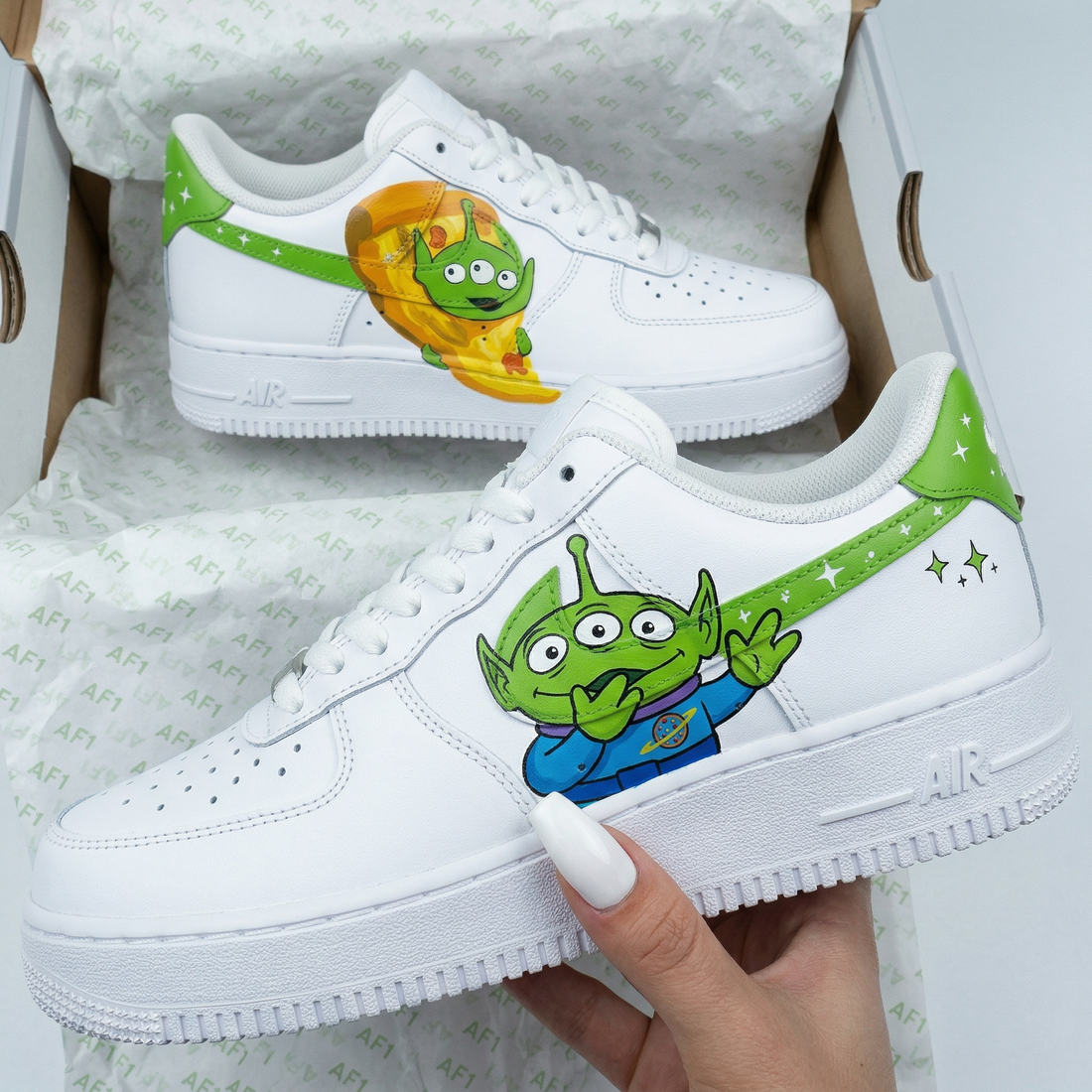Custom AF 1s Shoes Toy Story Aliens Green Blue Yellow