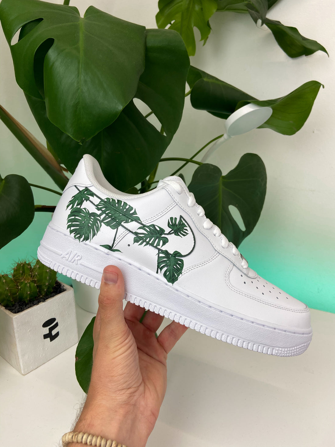 Custom AF 1s Shoes Tropical Green Monstera Leaf Print