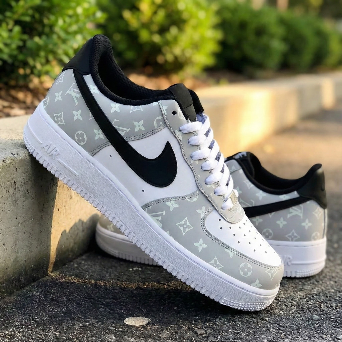 Custom AF 1s Shoes Understated Luxurious LV Pattern Black Grey