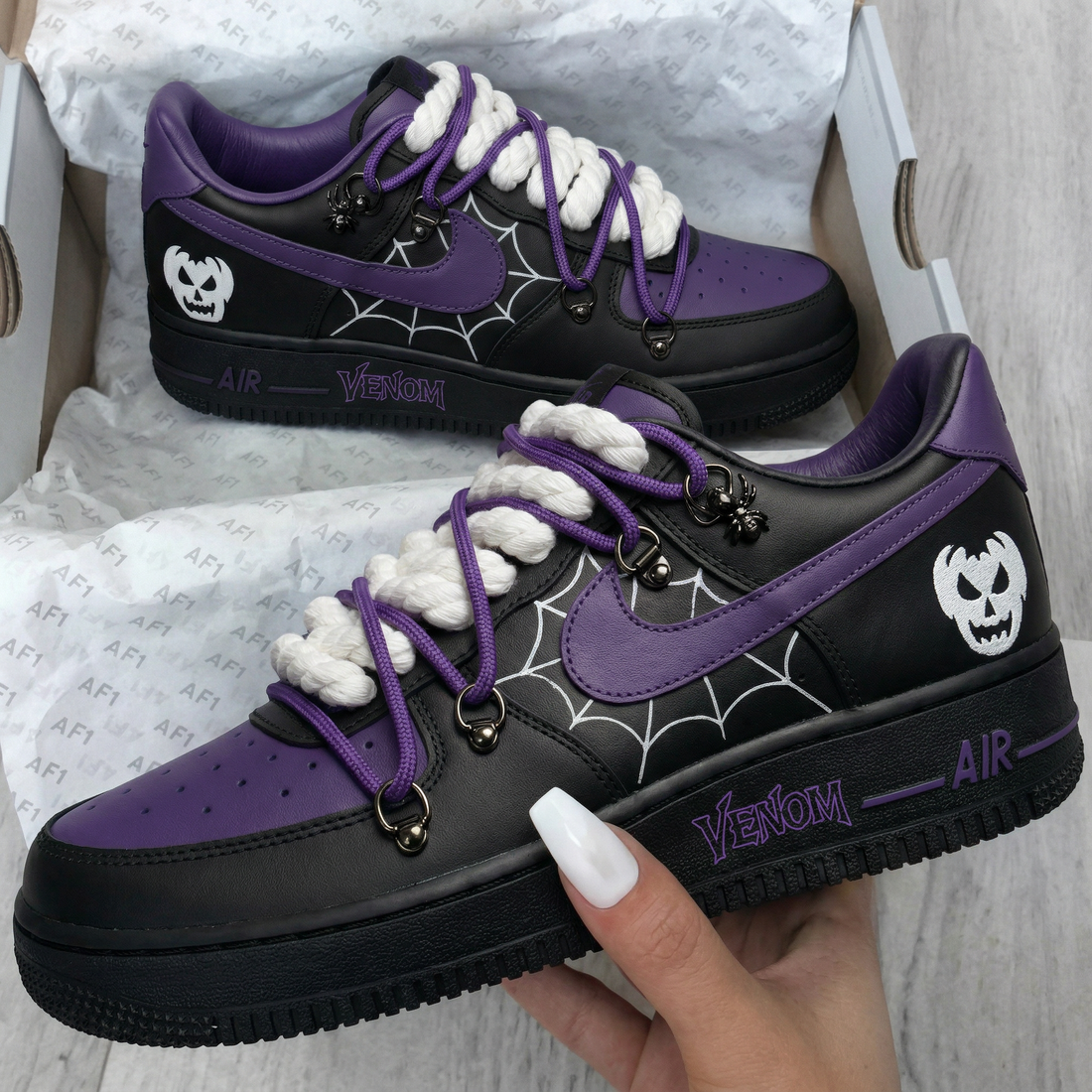 Custom AF 1s Shoes Venom Skull Spider Web Black Purple