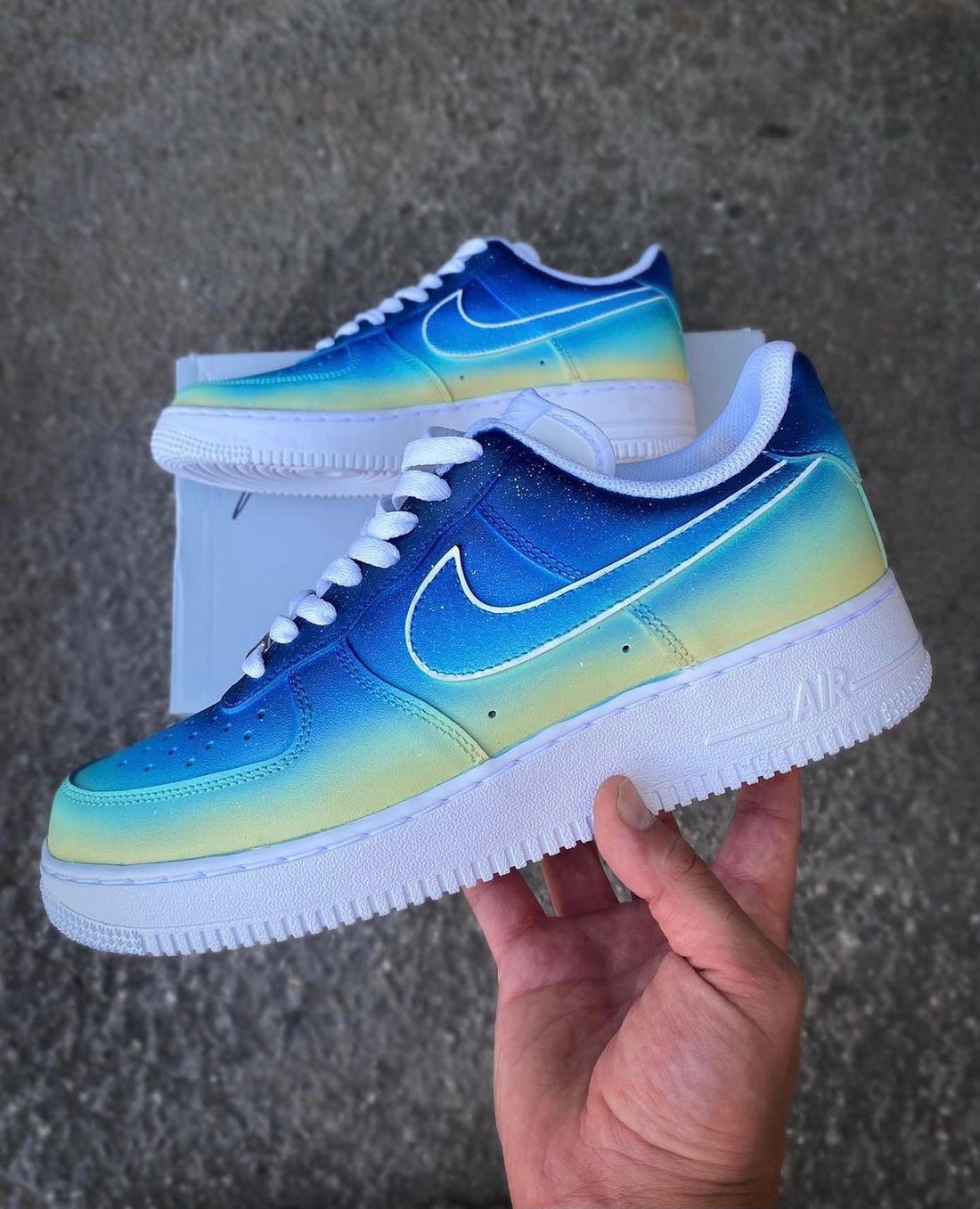 Custom AF 1s Shoes Vibrant Blue to Yellow Ombre Gradient Design