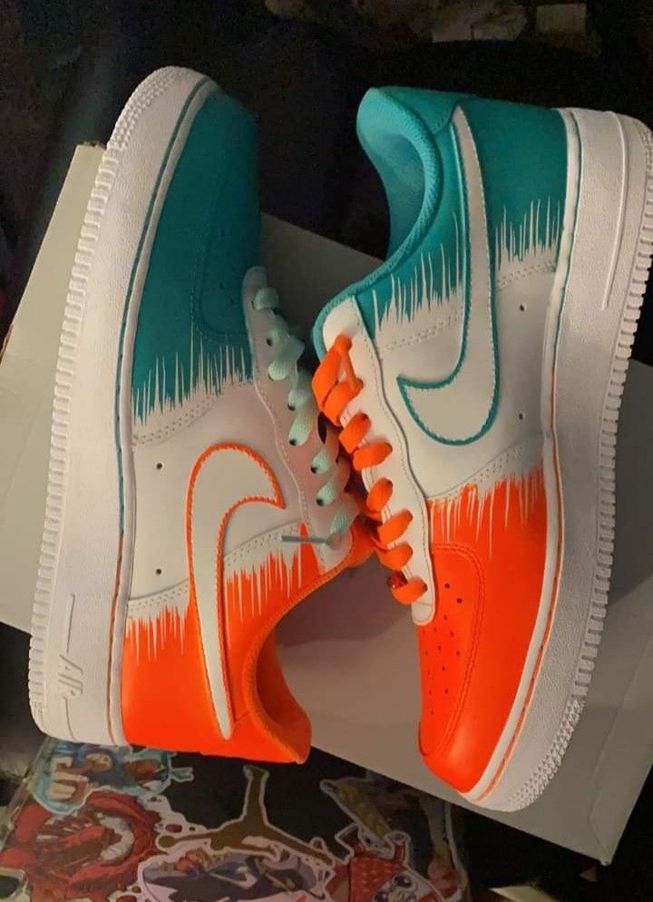 Custom AF 1s Shoes Vibrant Orange Teal Brush Stroke