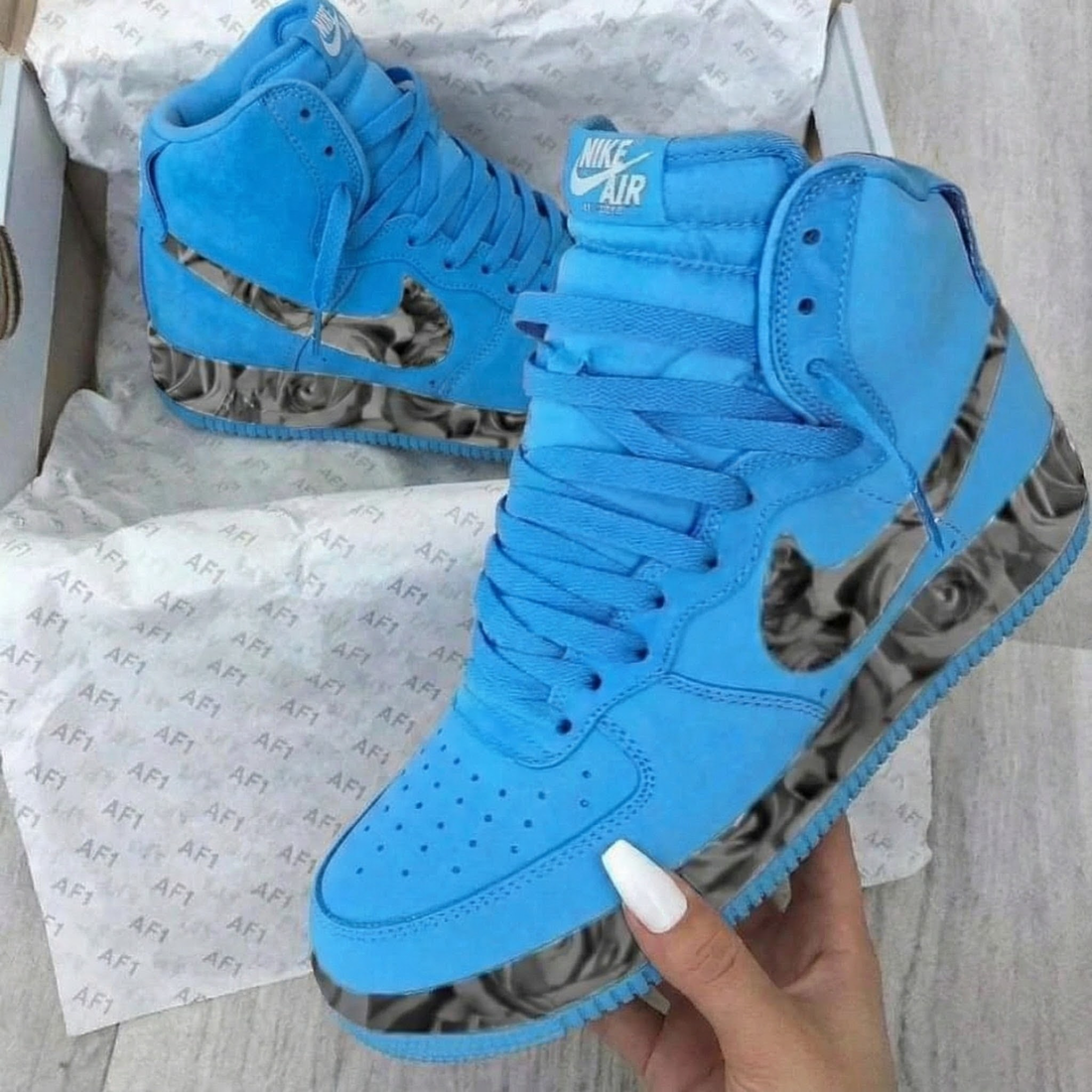 Custom AF 1s Shoes Vintage Rose Pattern Blue