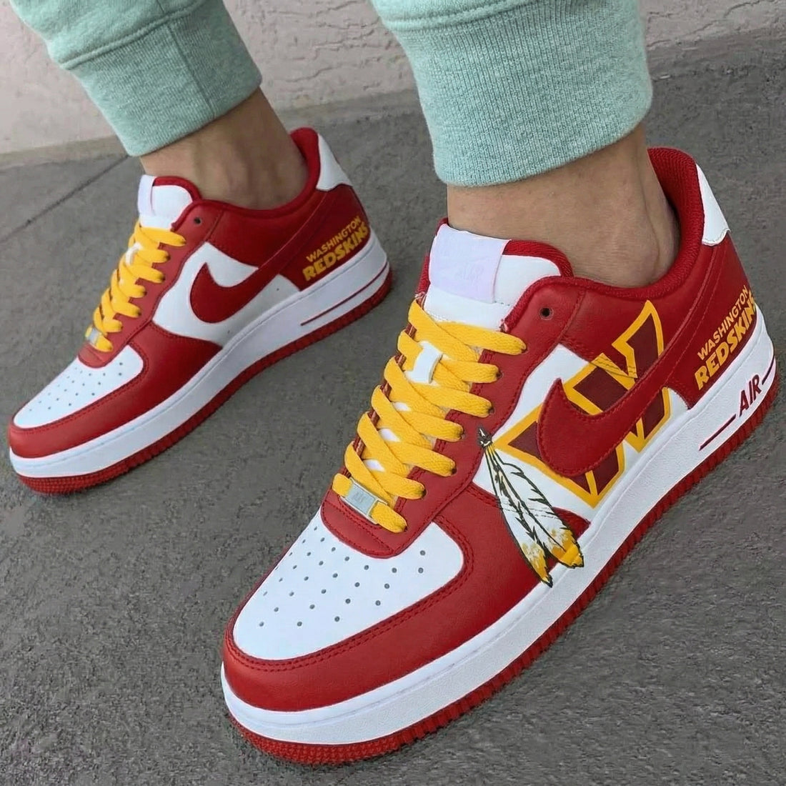 Custom AF 1s Shoes Washington Redskins W Logo Feathers Red Yellow