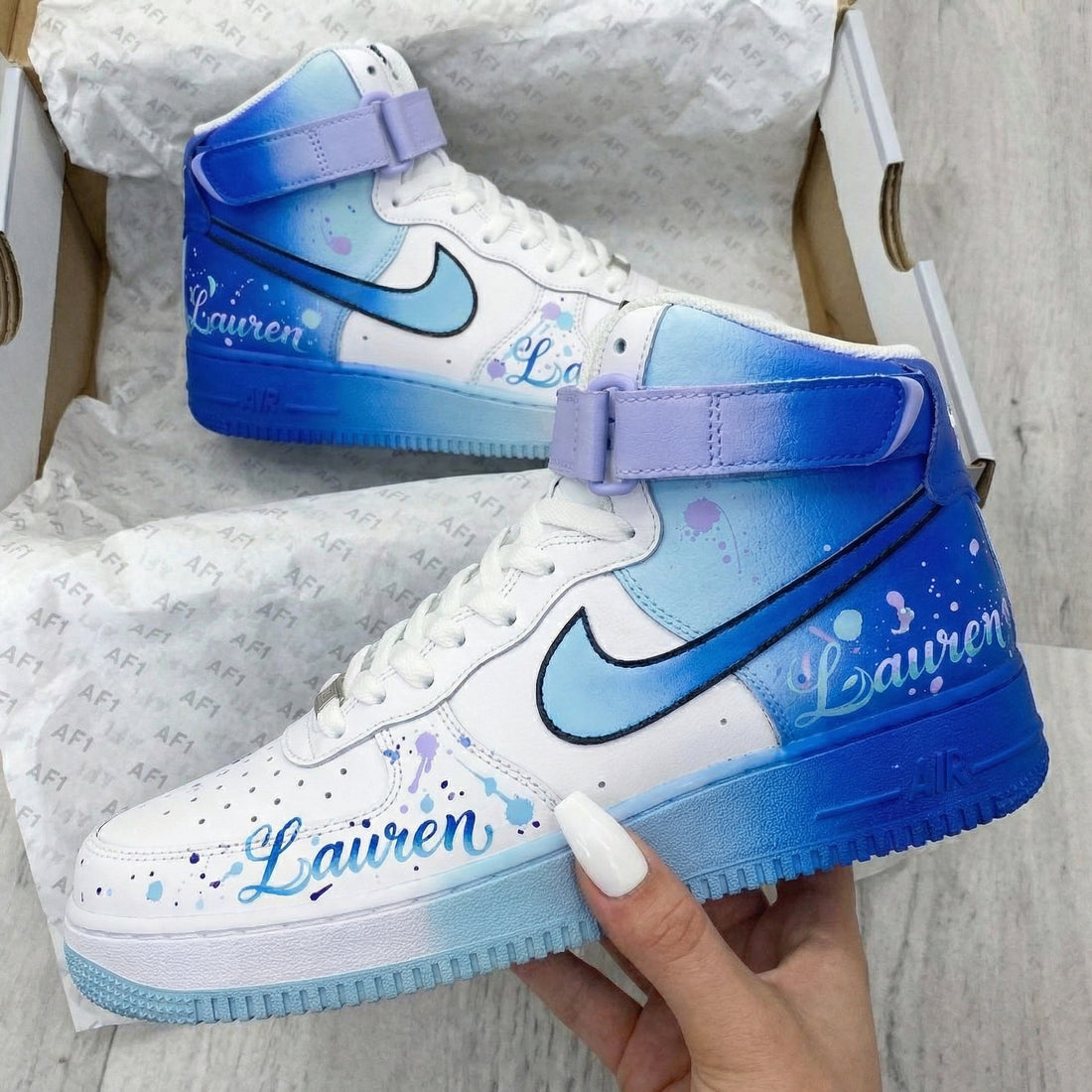 Custom AF 1s Shoes Watercolor Splatter Baby Blue Lilac