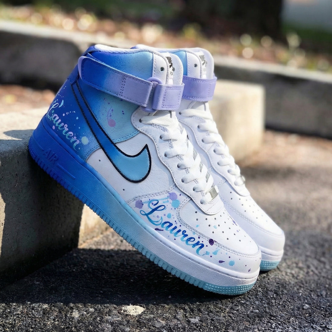 Custom AF 1s Shoes Watercolor Splatter Baby Blue Lilac