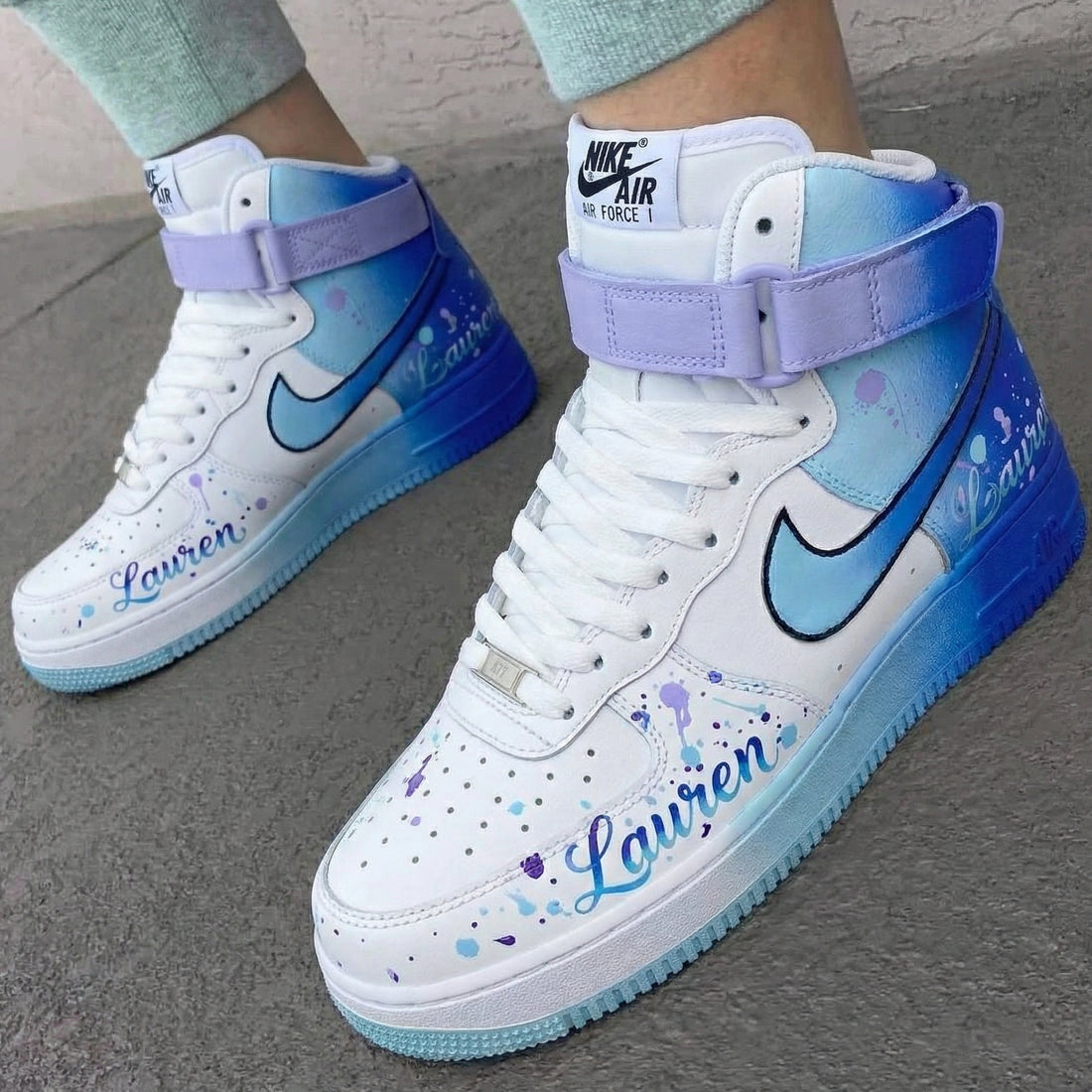 Custom AF 1s Shoes Watercolor Splatter Baby Blue Lilac