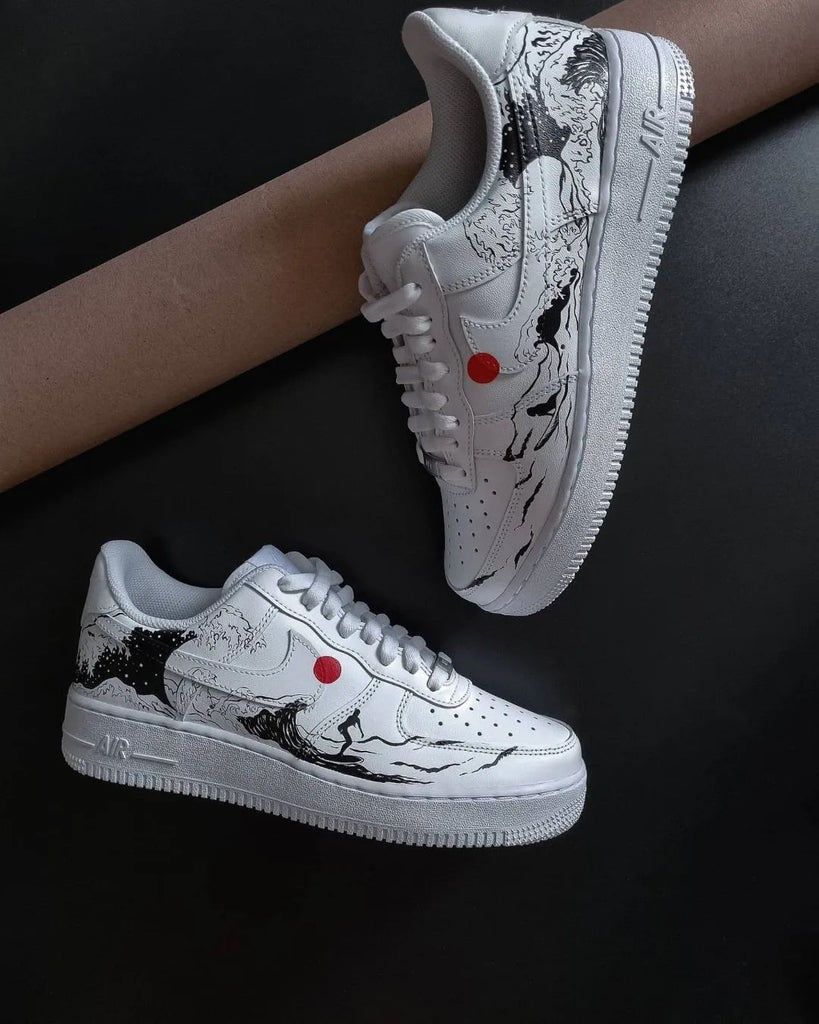 Custom AF 1s Shoes Wave And Surfer Pattern Red Black