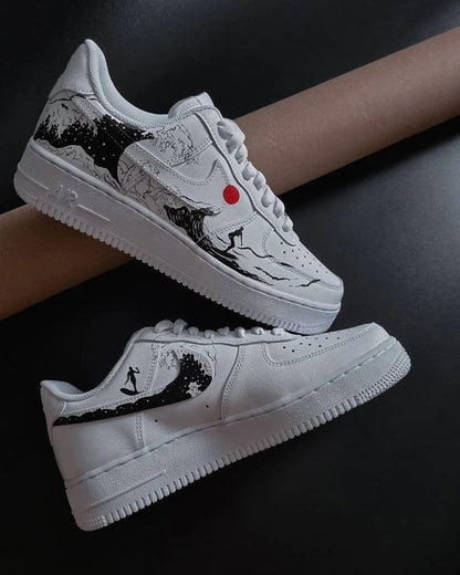 Custom AF 1s Shoes Wave And Surfer Pattern Red Black