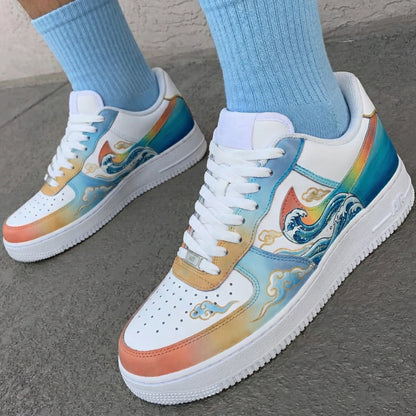 Custom AF 1s Shoes Wave Clouds Pattern Blue Orange