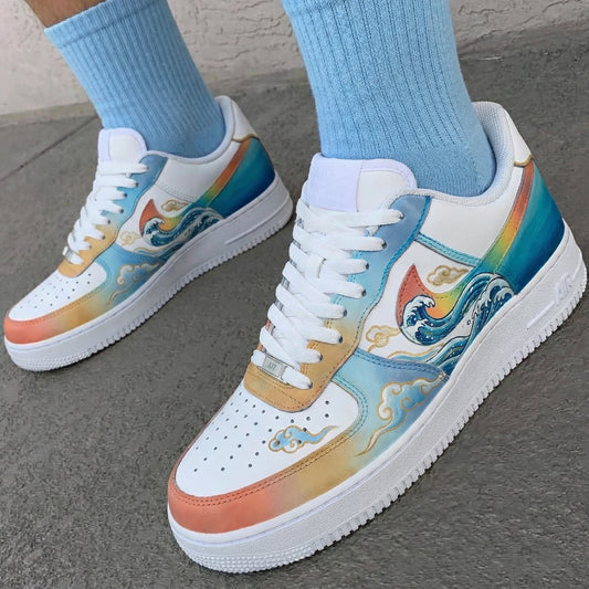 Custom AF 1s Shoes Wave Clouds Pattern Blue Orange