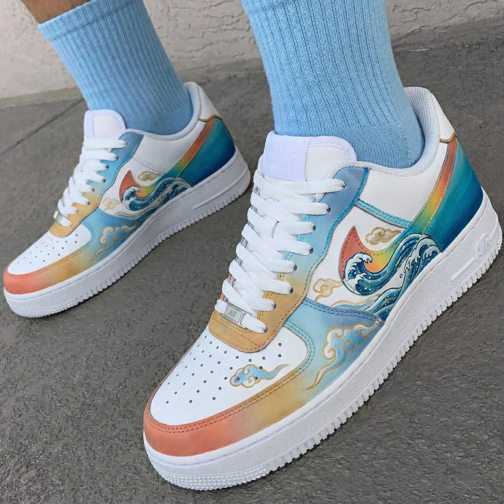 Custom AF 1s Shoes Wave Clouds Pattern Blue Orange