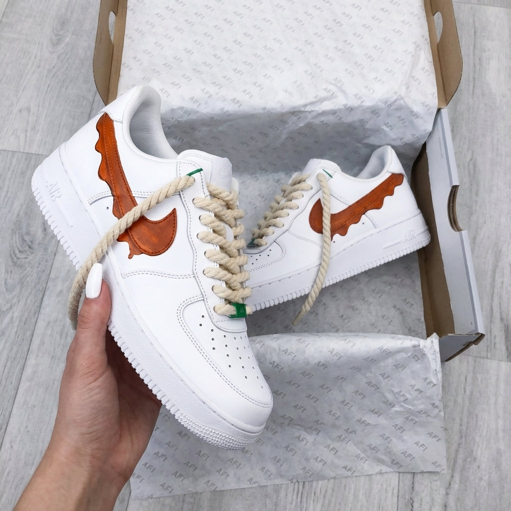 Custom AF 1s Shoes Wave Edged Brown Swoosh Rope Laces White Brown