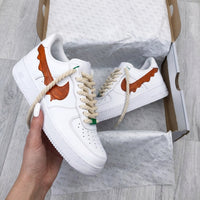Custom AF 1s Shoes Wave Edged Brown Swoosh Rope Laces White Brown