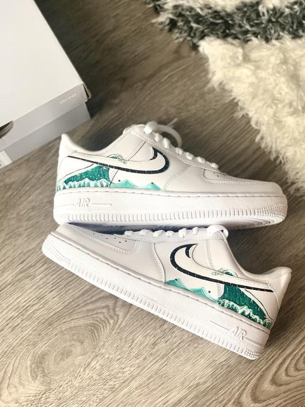 Custom AF 1s Shoes Wave Pattern Teal Green