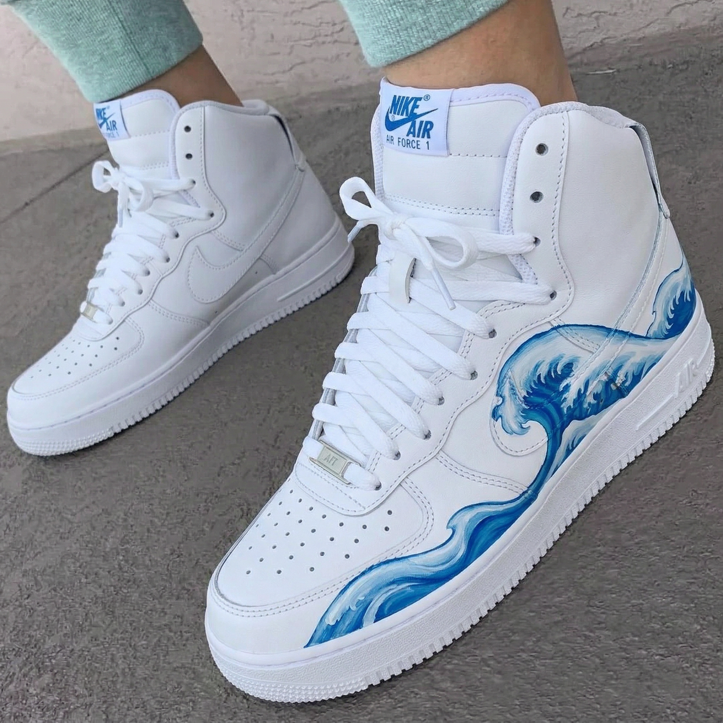 Custom AF 1s Shoes Wave Pattern White Blue