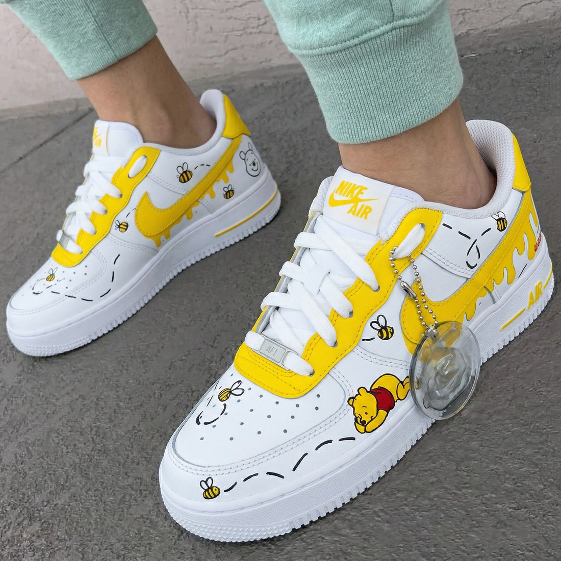 Custom AF 1s Shoes Winnie The Pooh Bees Honey Drip White Yellow