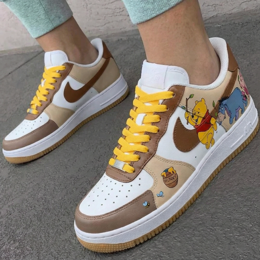 Custom AF 1s Shoes Winnie - the - Pooh Design Brown Yellow