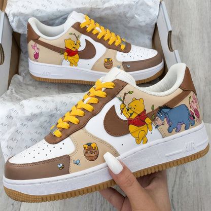 Custom AF 1s Shoes Winnie - the - Pooh Design Brown Yellow