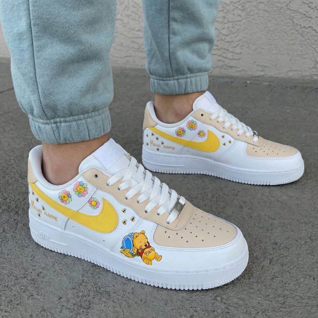 Custom AF 1s Shoes Winnie - the - Pooh Flowers Bees Yellow Beige