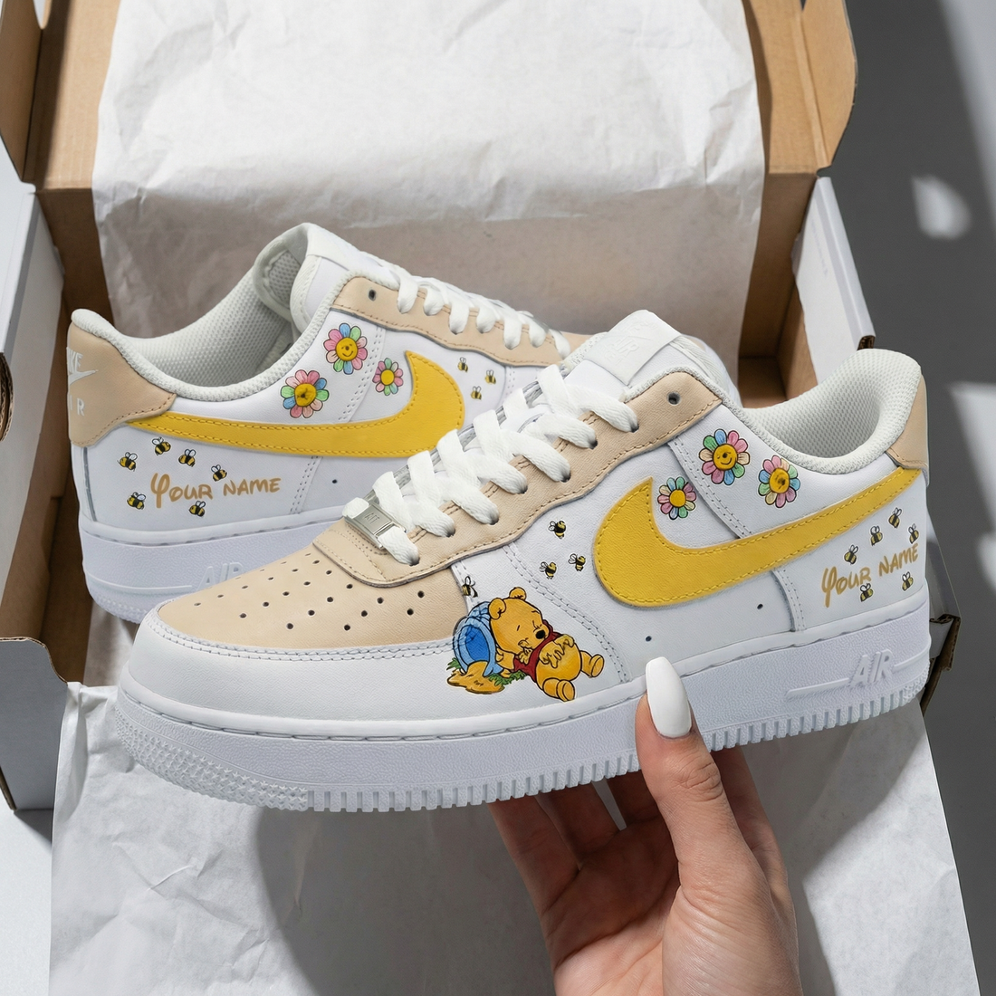 Custom AF 1s Shoes Winnie - the - Pooh Flowers Bees Yellow Beige