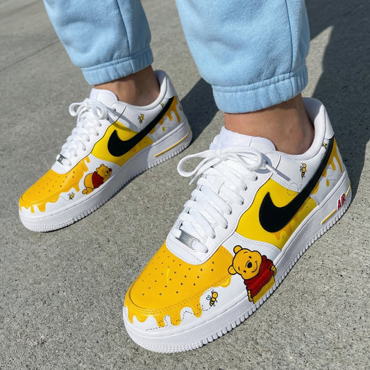 Custom AF 1s Shoes Winnie The Pooh Theme Yellow Black