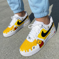 Custom AF 1s Shoes Winnie The Pooh Theme Yellow Black