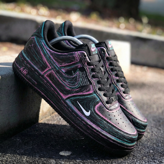 Custom AF 1s Shoes with Abstract Patterns Black Pink Teal
