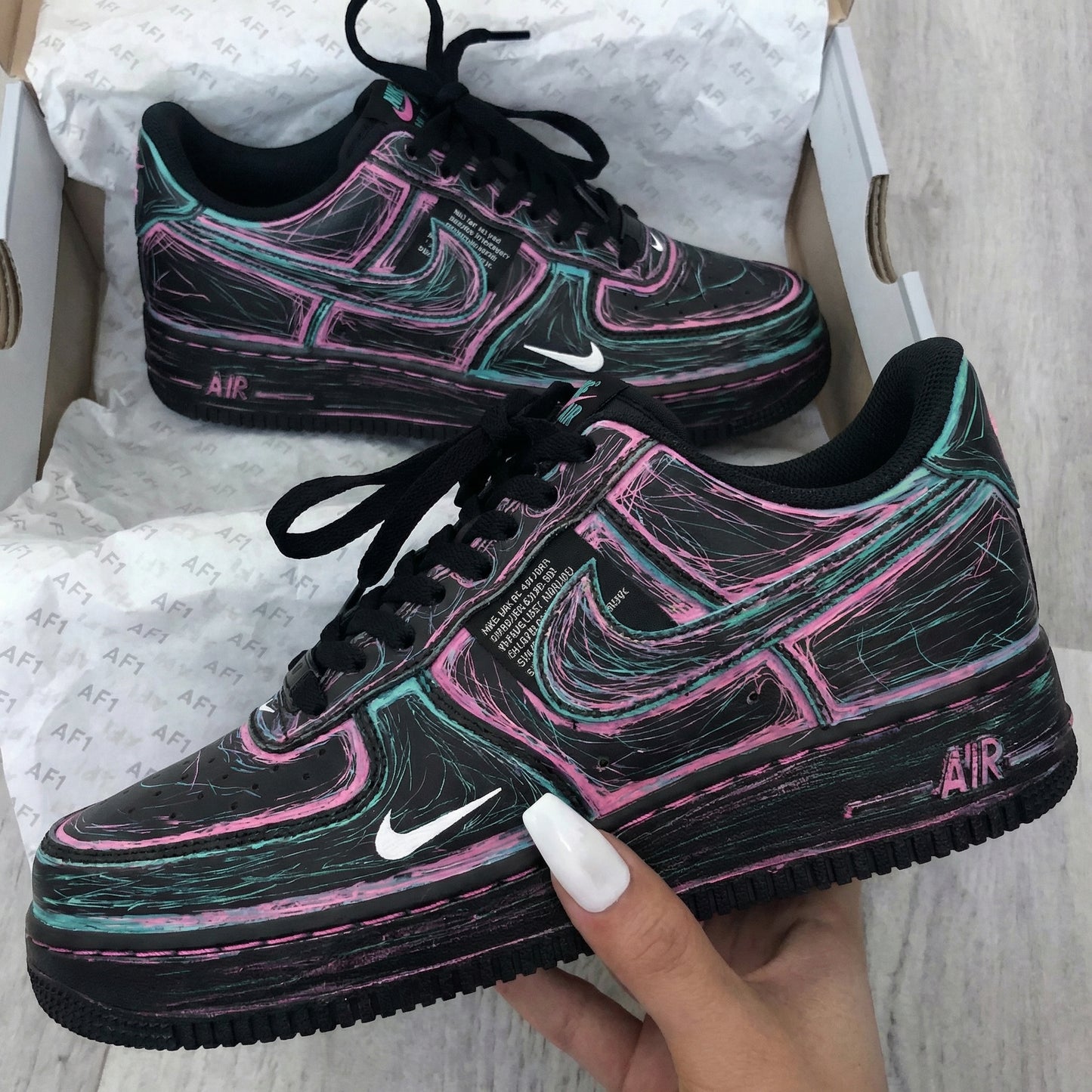 Custom AF 1s Shoes with Abstract Patterns Black Pink Teal