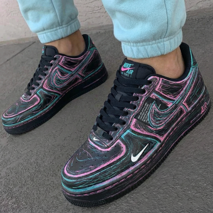 Custom AF 1s Shoes with Abstract Patterns Black Pink Teal