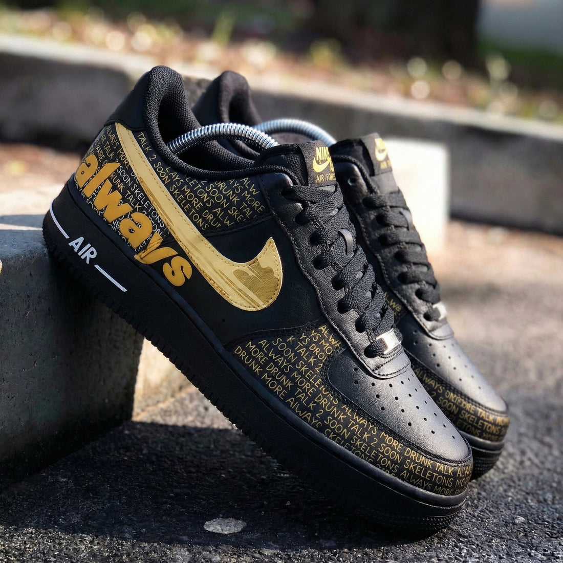 Custom AF 1s Shoes with Always Text and Gold Accents Black