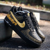 Custom AF 1s Shoes with Always Text and Gold Accents Black