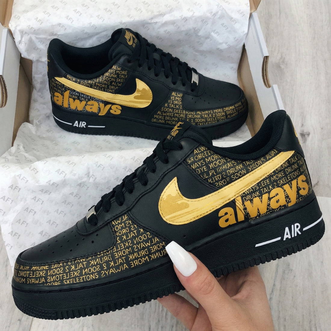 Custom AF 1s Shoes with Always Text and Gold Accents Black