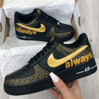 Custom AF 1s Shoes with Always Text and Gold Accents Black