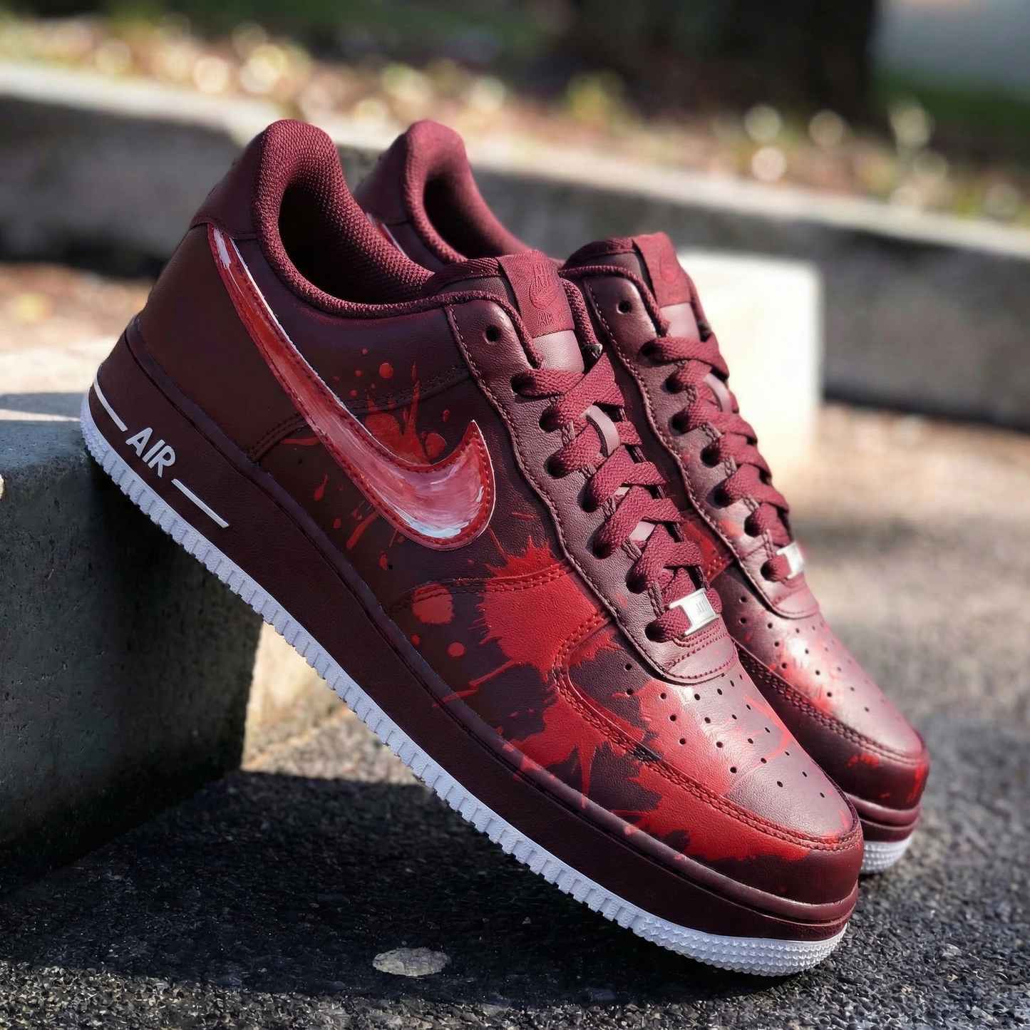 Custom AF 1s Shoes with Blood - Splatter Pattern Maroon Red