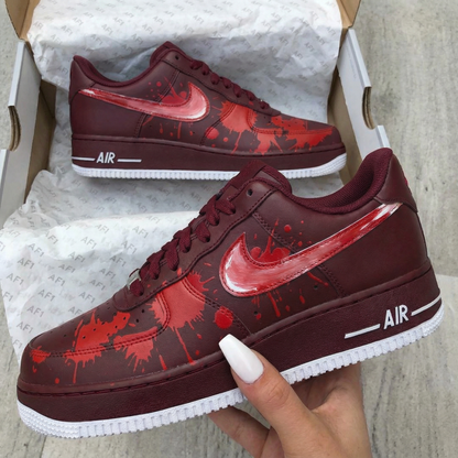 Custom AF 1s Shoes with Blood - Splatter Pattern Maroon Red