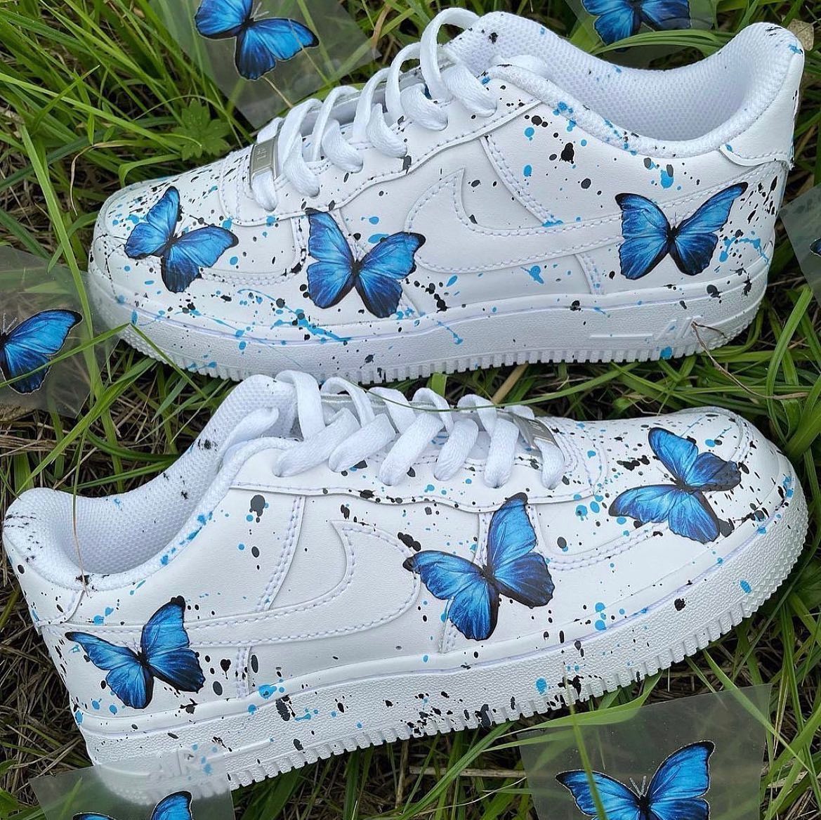 Custom AF 1s Shoes with Blue Butterflies and Black Splashes