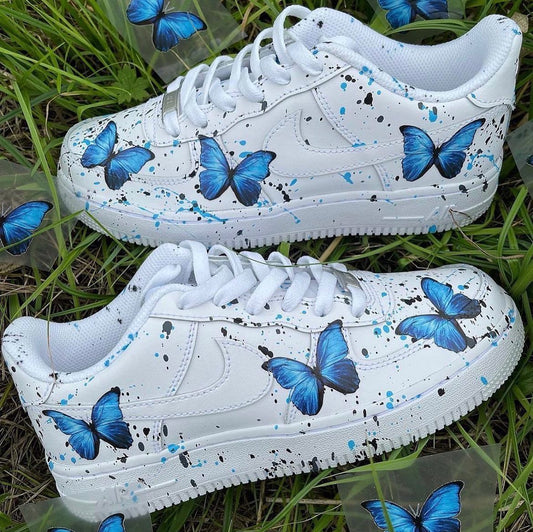 Custom AF 1s Shoes with Blue Butterflies and Black Splashes