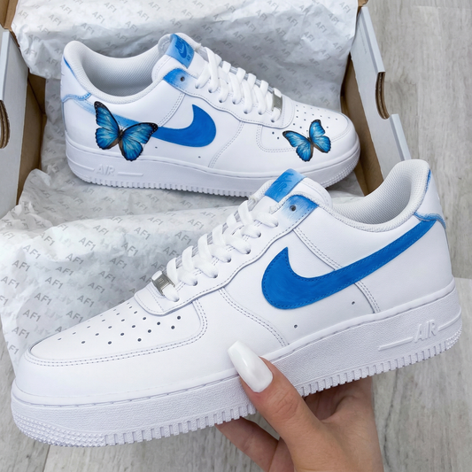 Custom AF 1s Shoes With Blue Butterflies White Blue