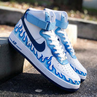 Custom AF 1s Shoes with Blue Flame Baby Blue Navy