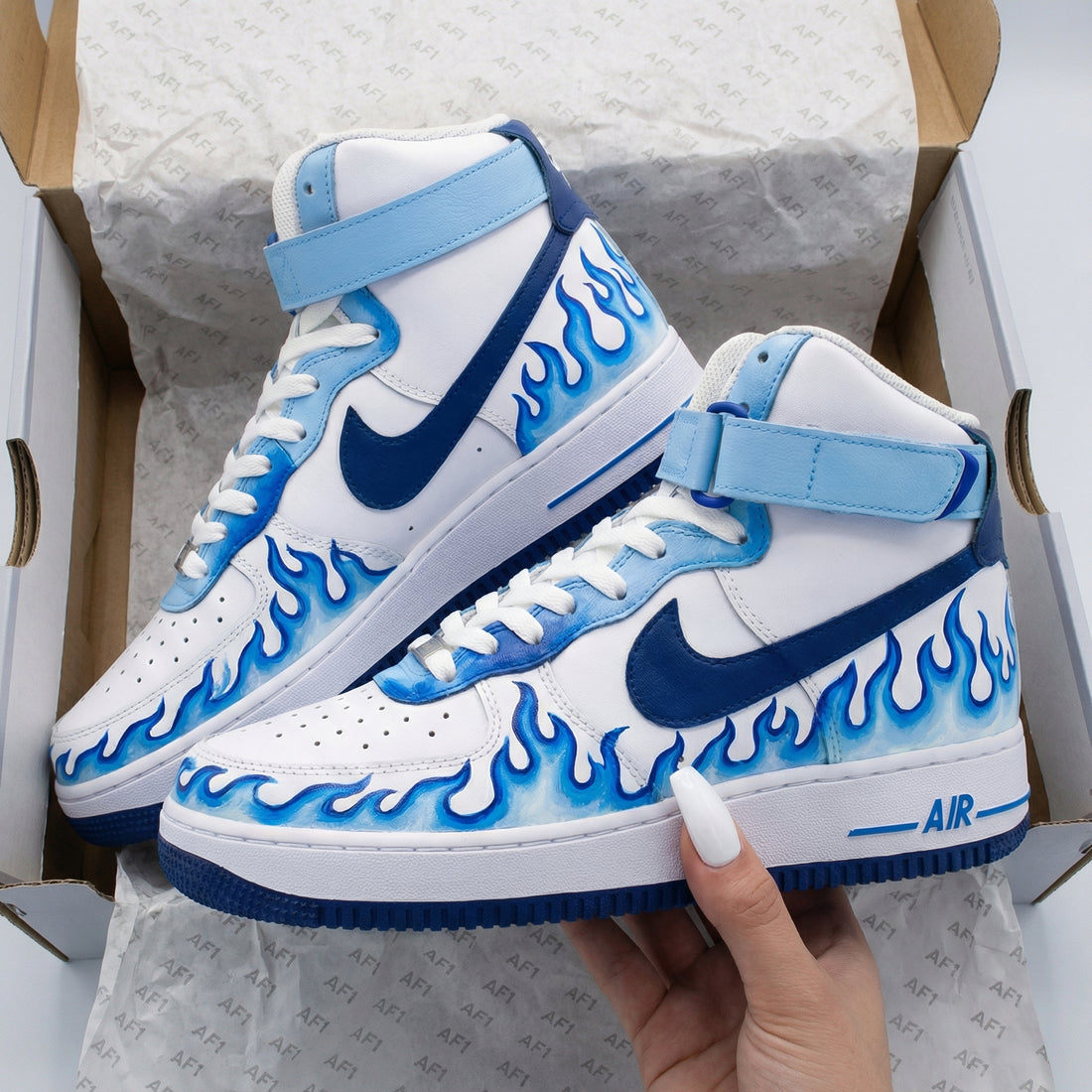 Custom AF 1s Shoes with Blue Flame Baby Blue Navy