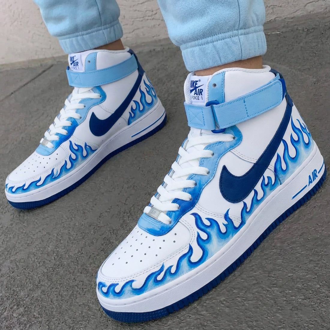 Custom AF 1s Shoes with Blue Flame Baby Blue Navy
